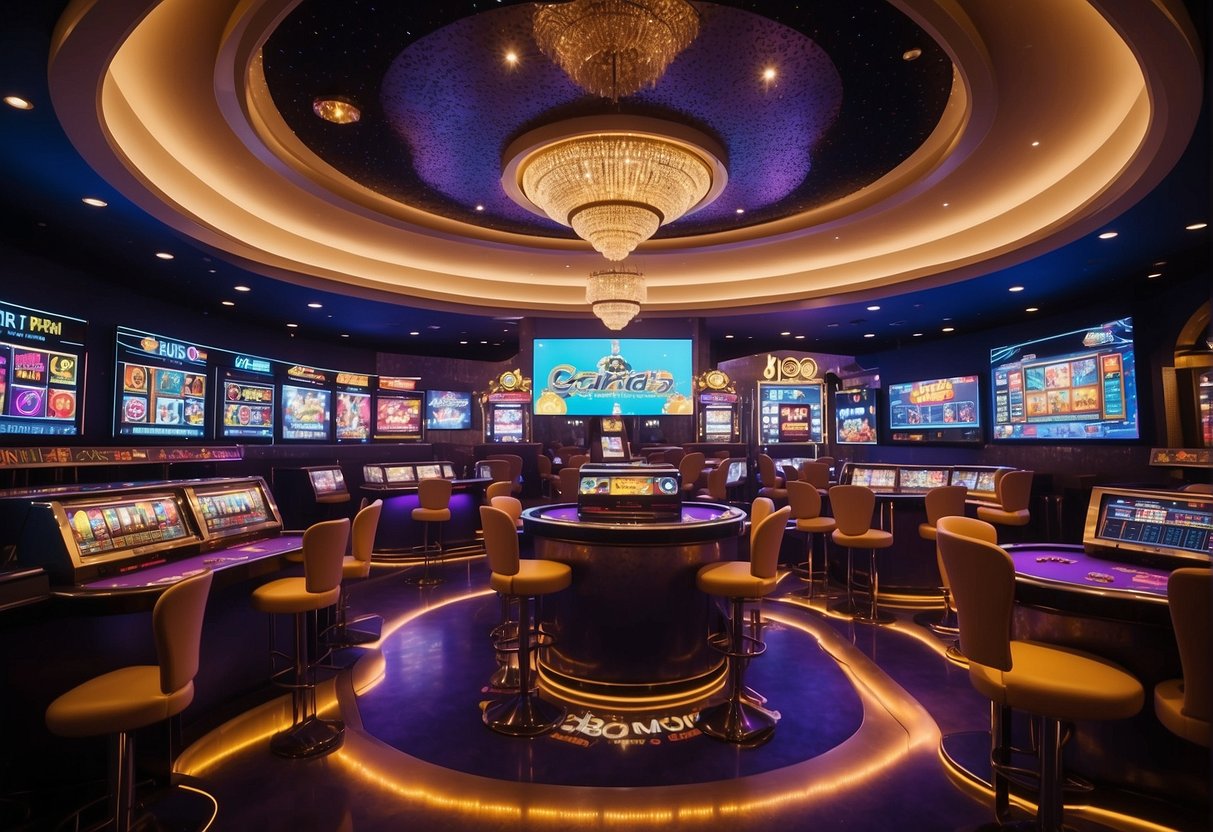 A vibrant casino setting with Bitcoin logos, digital screens, and animated game tables
