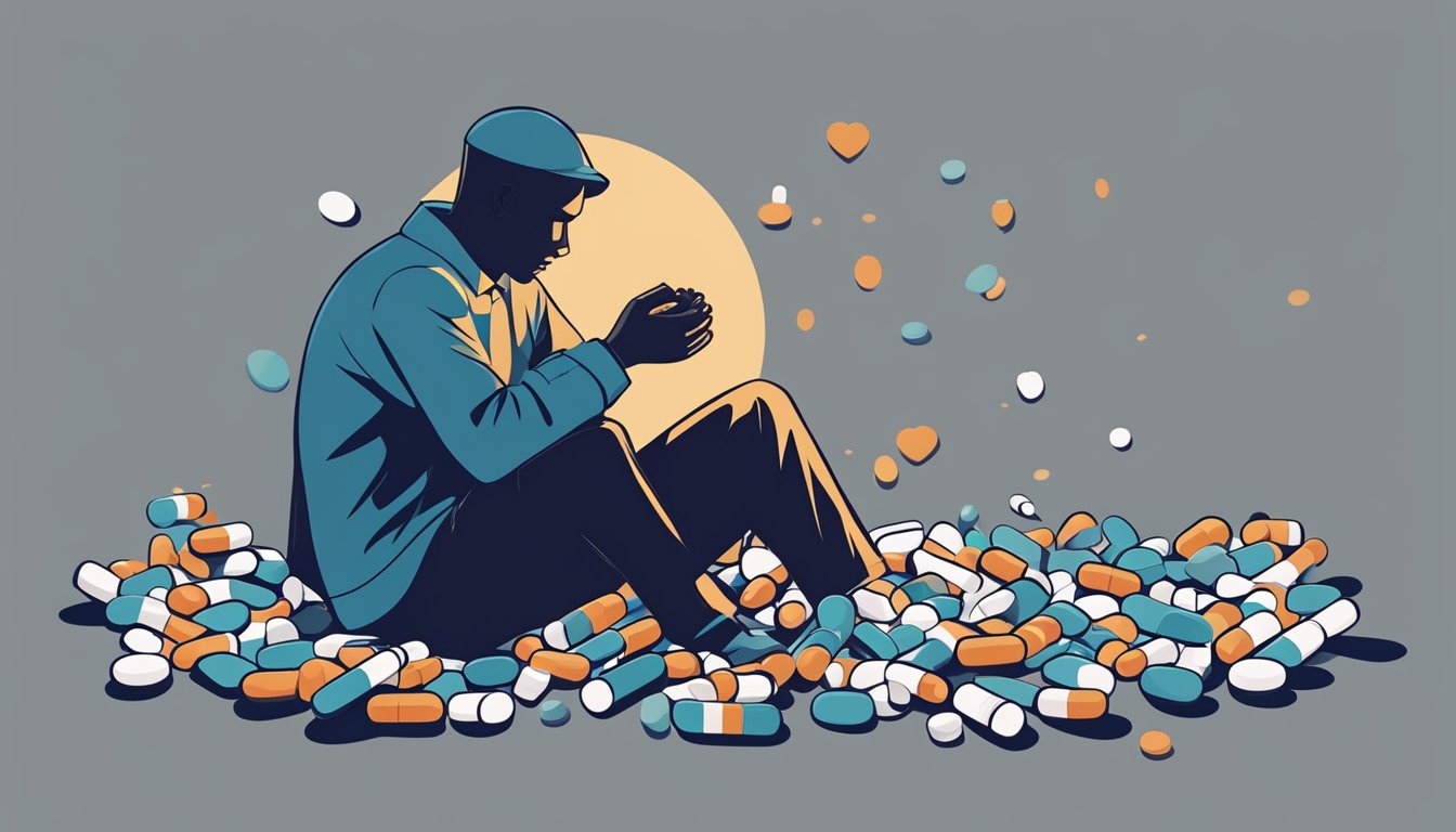 A person sitting alone, surrounded by pills, stress, and a broken heart symbol, with a shadow looming over them