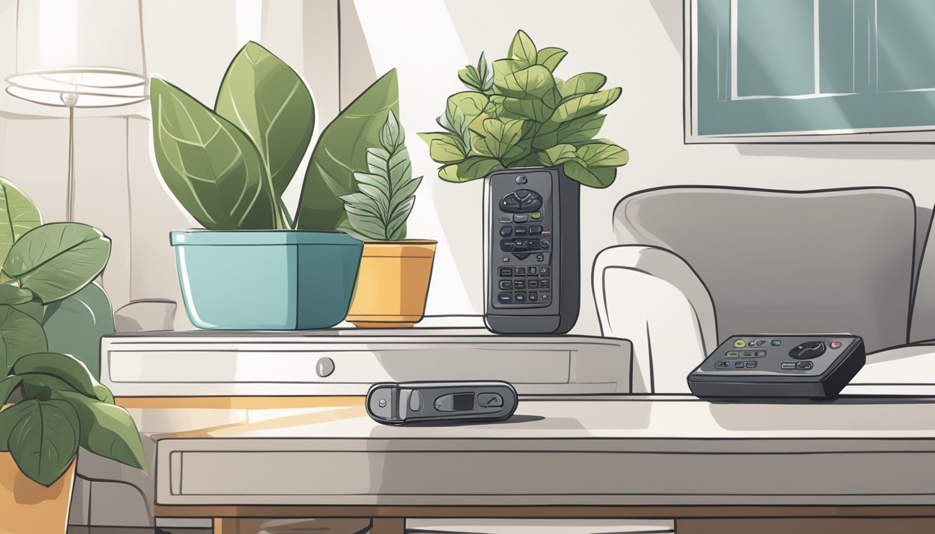 An aircon remote control sits on a coffee table next to a glass of water and a potted plant