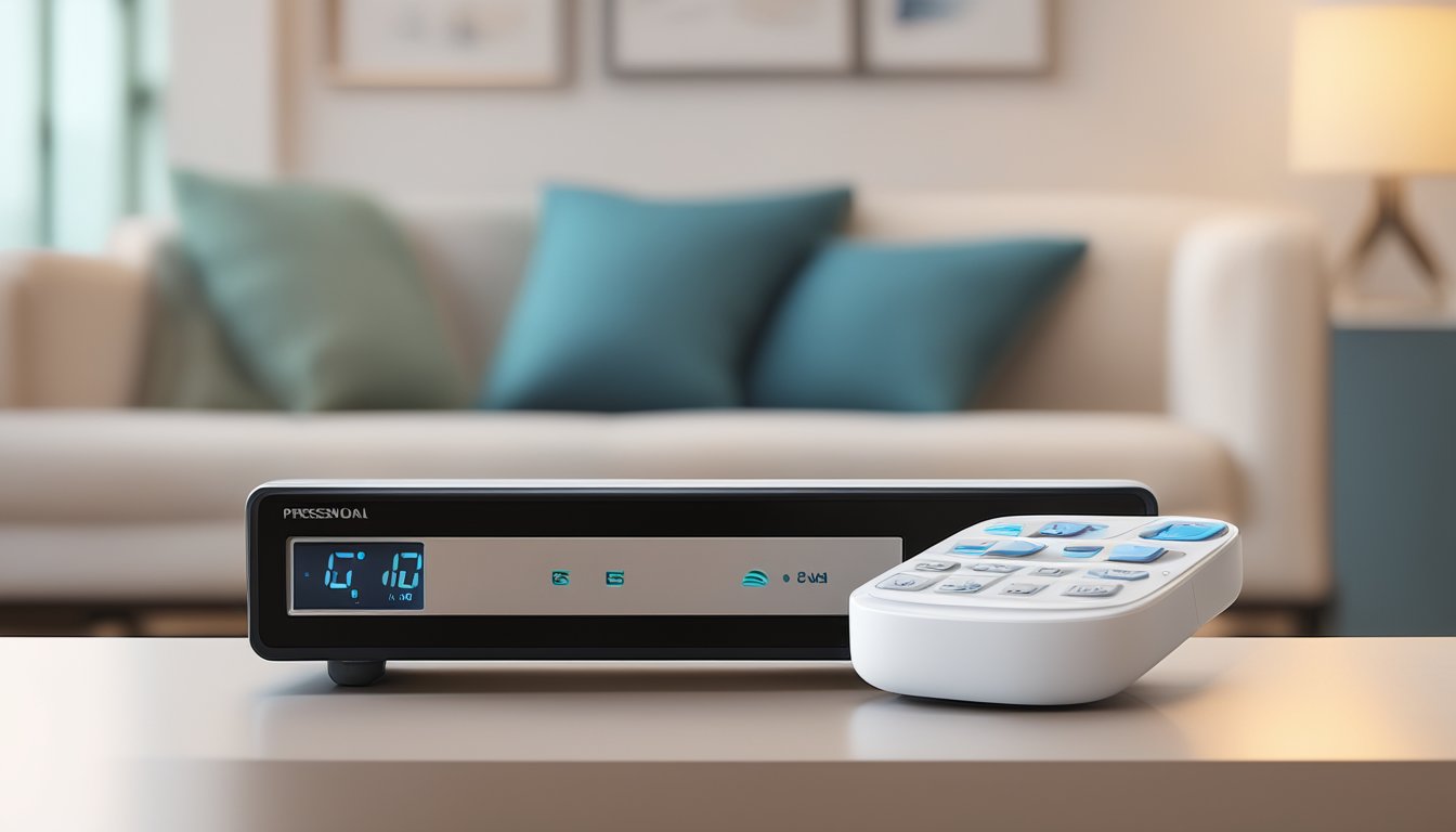 The aircon remote control sits on a coffee table, its buttons and display clearly visible. The room is comfortably cool, with the aircon unit quietly humming in the background