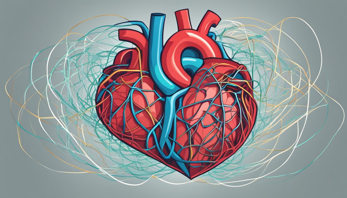 A heart symbol surrounded by tangled lines, representing the complex psychological effects of heart disease