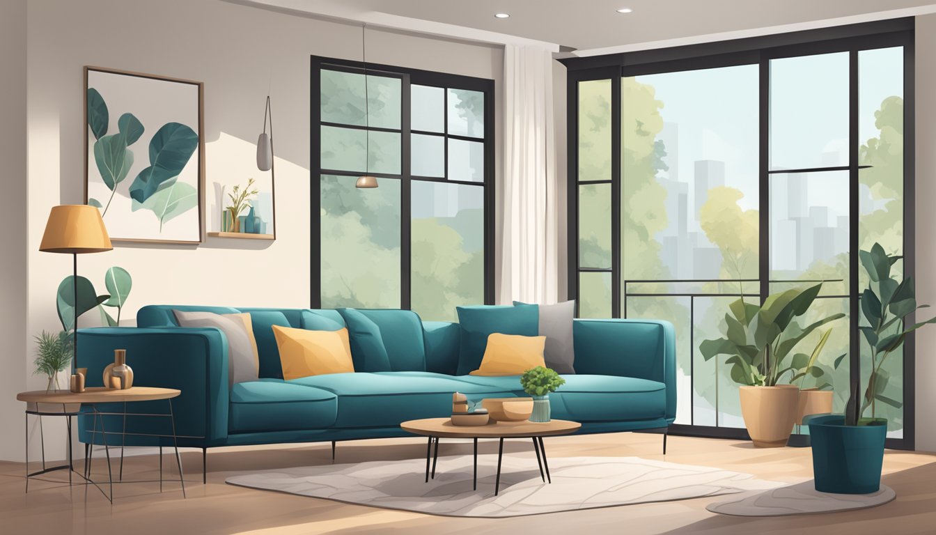 A cozy living room with a modern sofa, surrounded by stylish decor and natural lighting. A sign above the sofa reads "Where to Purchase Your Ideal Sofa in Singapore."