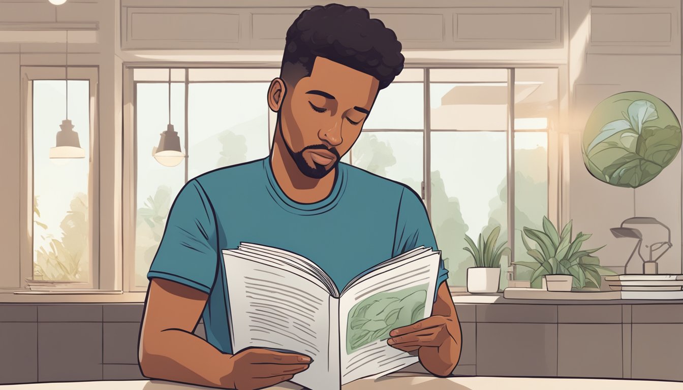 A person reading a pamphlet titled "Frequently Asked Questions: Psychological Effects of Heart Disease" with a concerned expression on their face