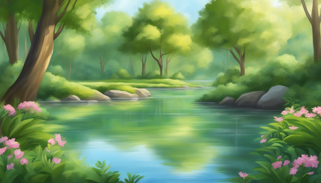 A calm, tranquil setting with a peaceful atmosphere. Perhaps a serene natural landscape, with gentle flowing water and lush greenery, conveying a sense of relaxation and tranquility