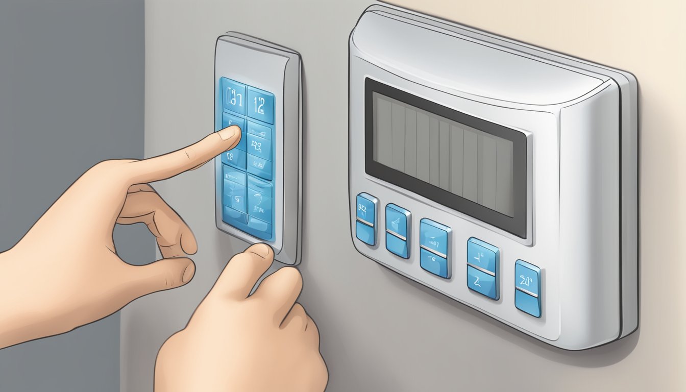 A hand reaches for an advanced aircon remote, pressing buttons to adjust energy-efficient settings