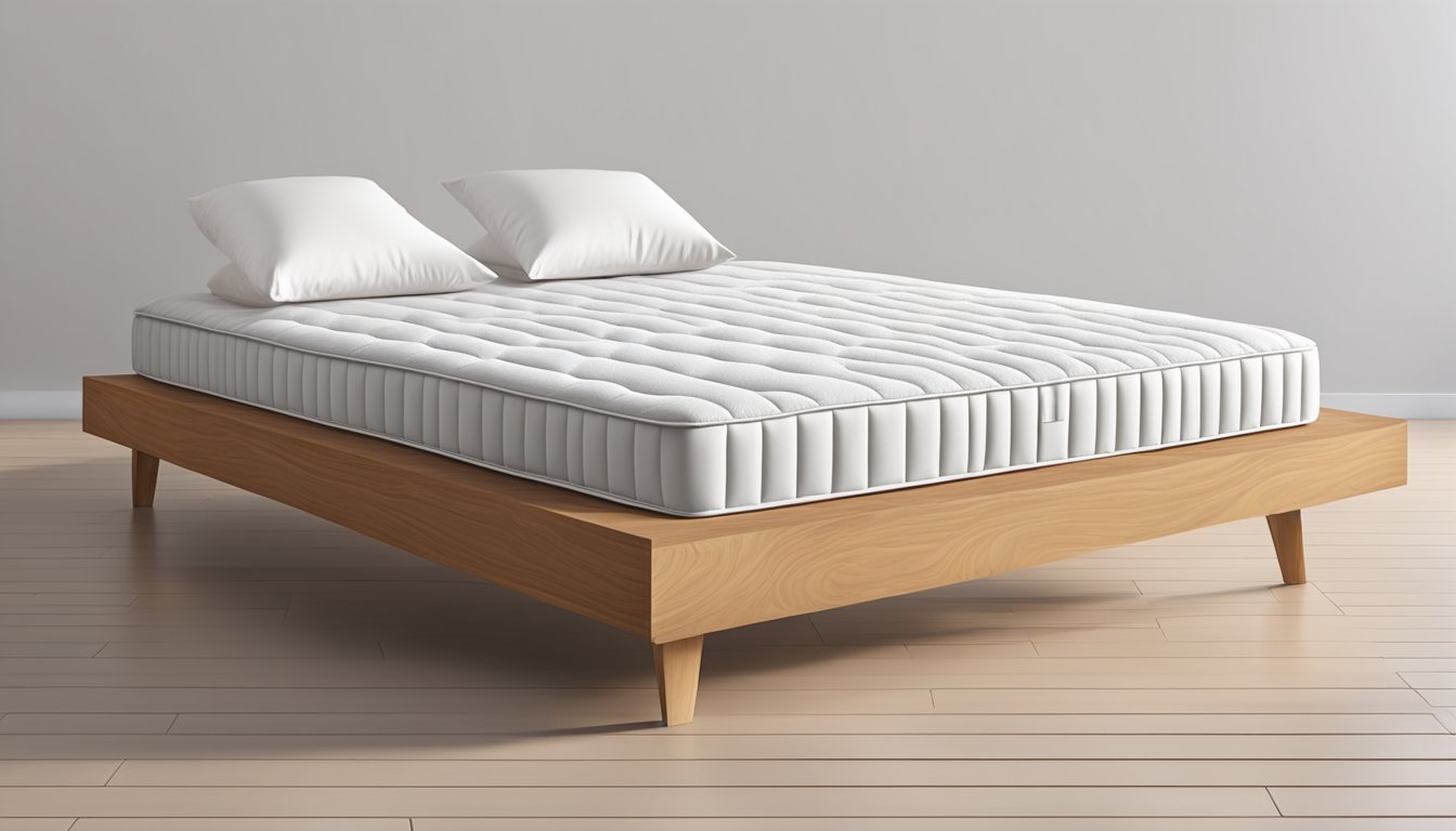 A pure latex mattress lies on a wooden bed frame, surrounded by soft, white bedding. The mattress is smooth and free of any wrinkles or imperfections