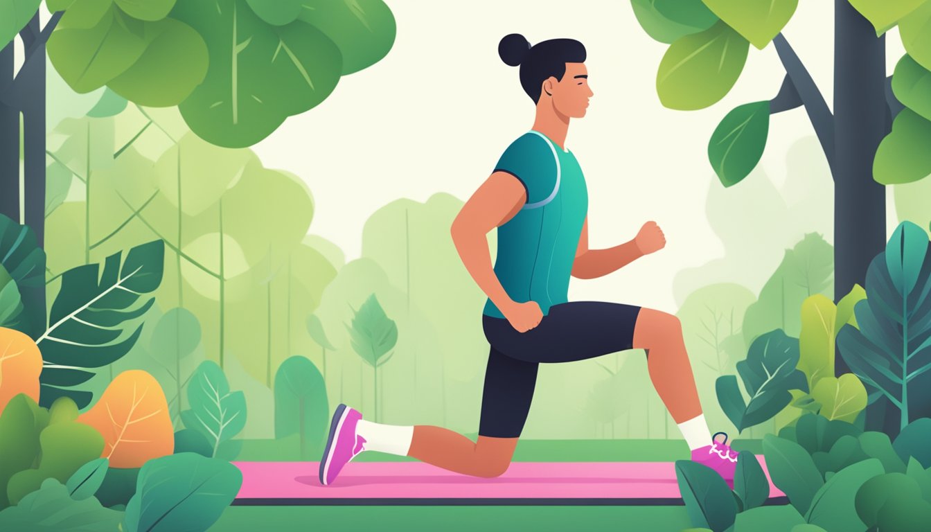 A person exercising outdoors, surrounded by greenery, with a heart rate monitor displaying a lower resting heart rate