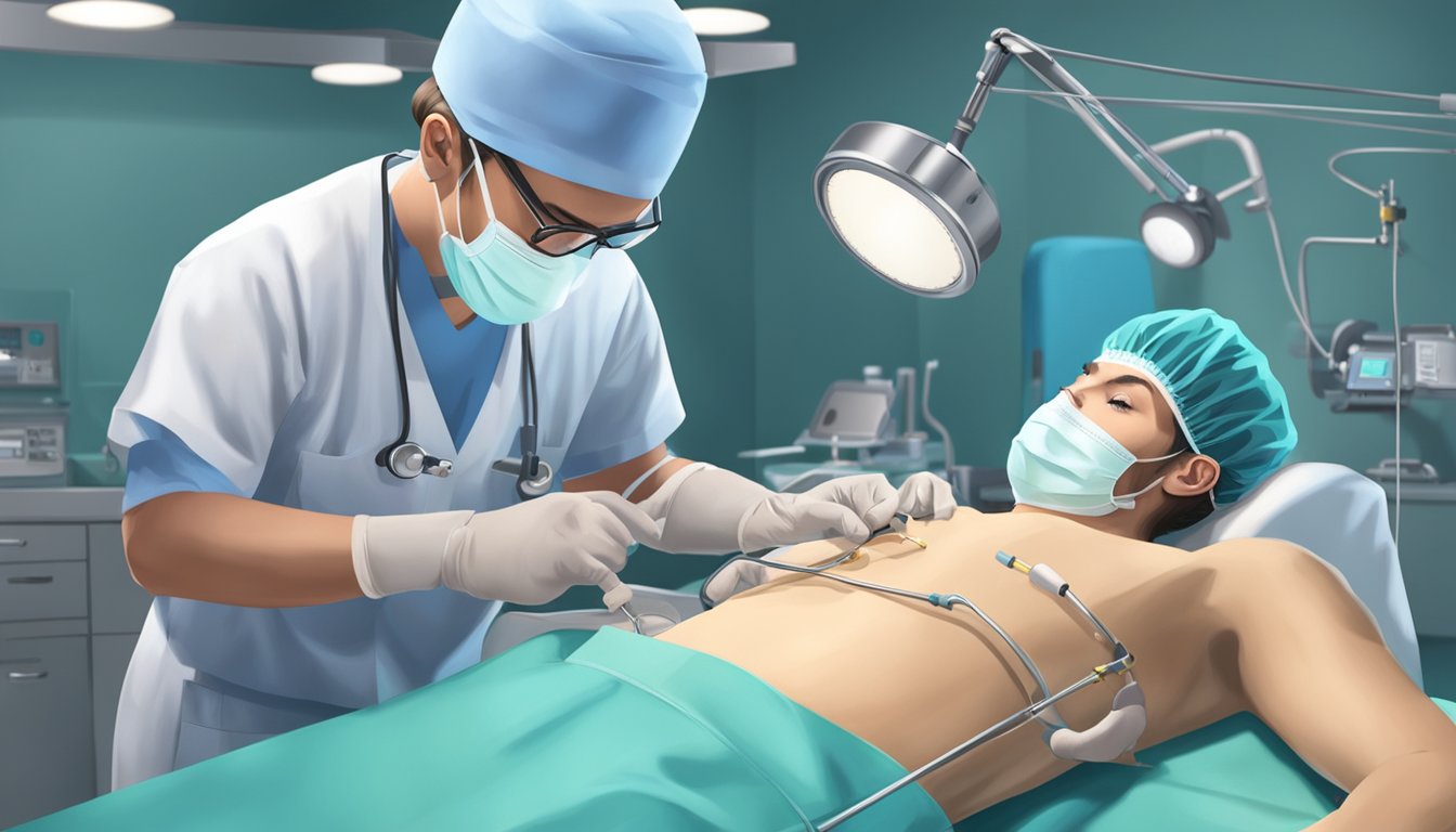 A surgeon inserts a heart pacer into a patient's chest. Instruments and medical staff surround the operating table