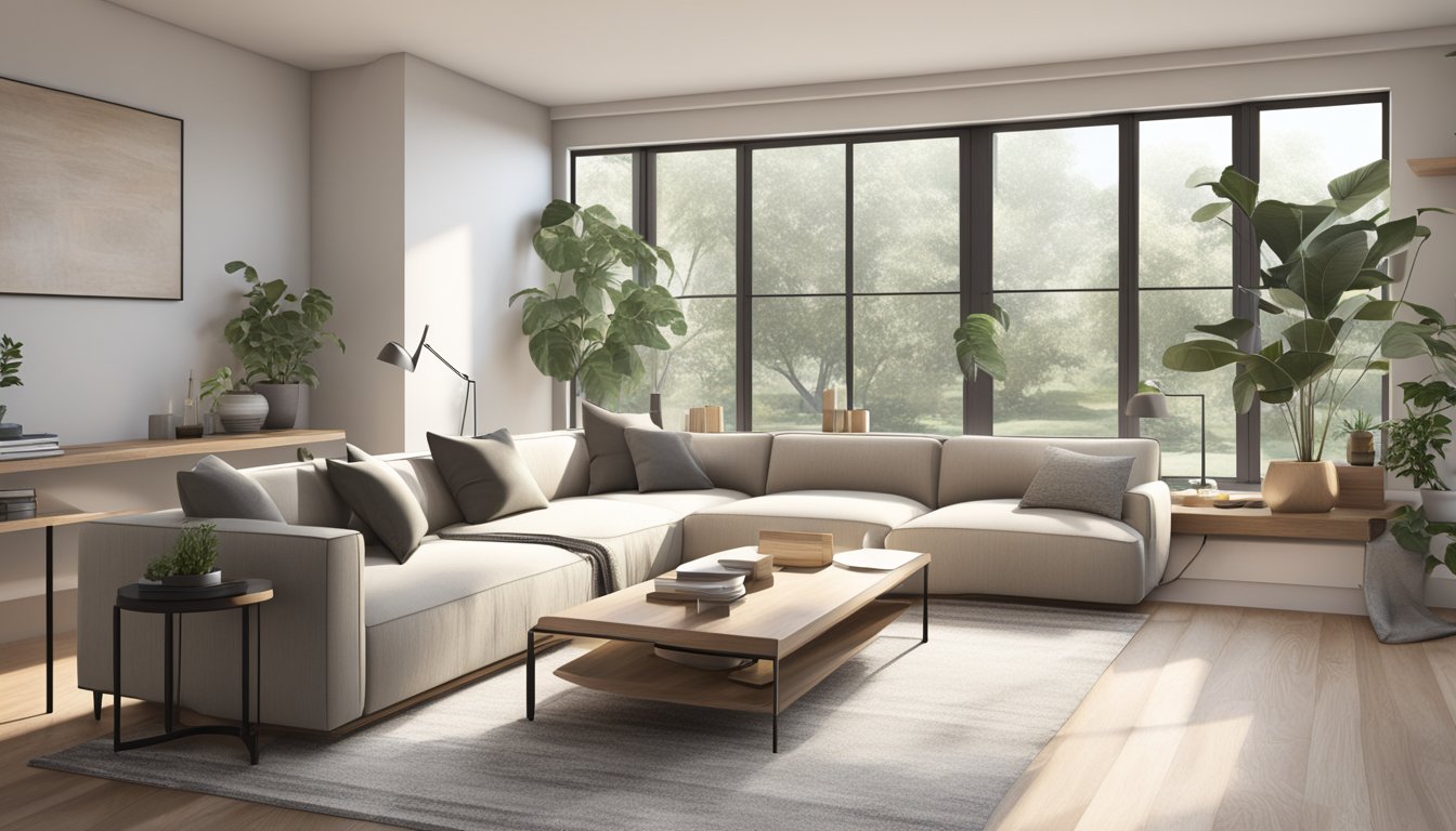 A modern living room with minimalist furniture and neutral color palette. Large windows allow natural light to fill the space, creating a warm and inviting atmosphere