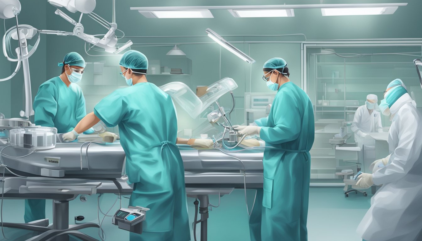 Surgeons prepare equipment for heart pacer surgery