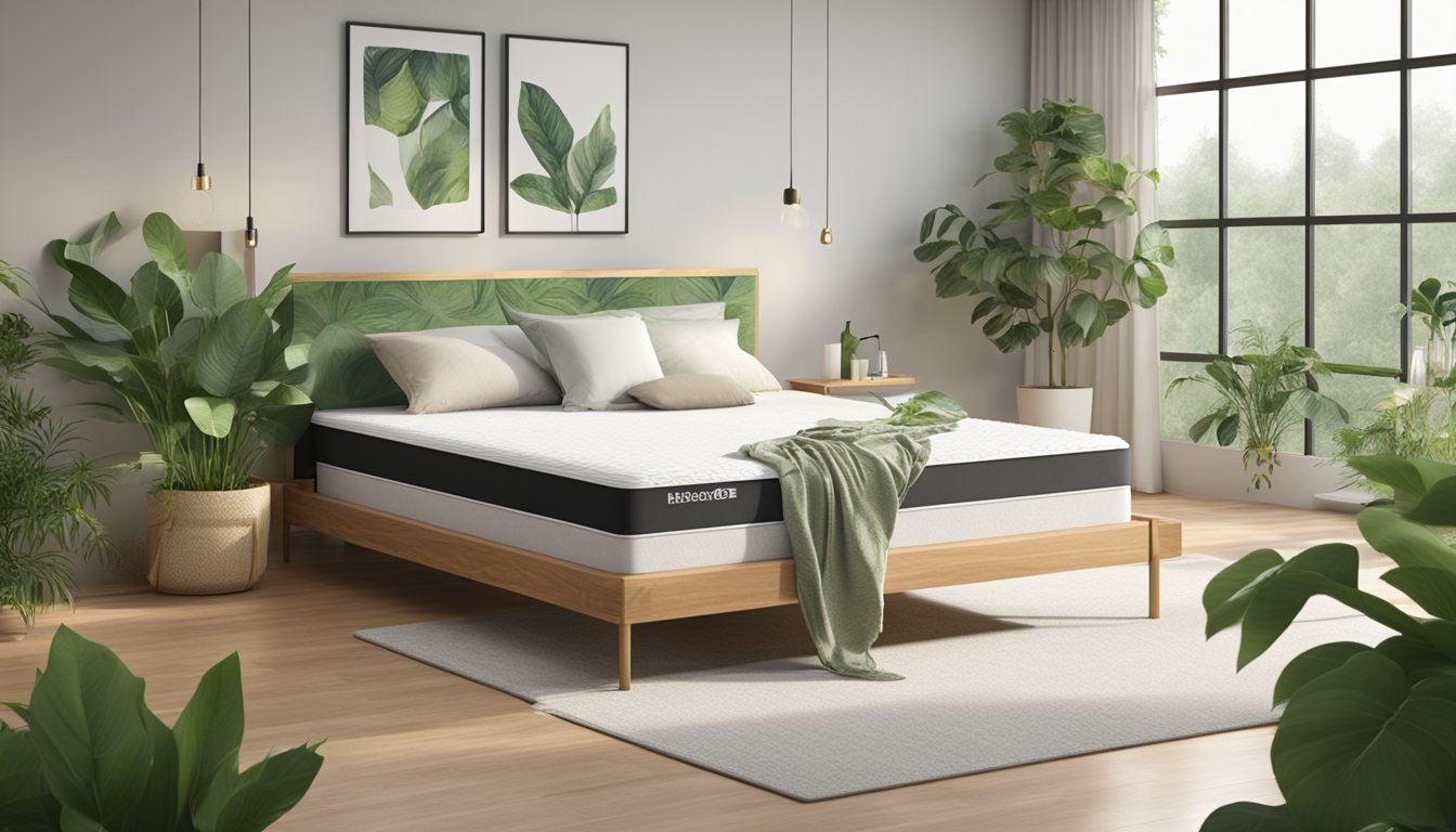 A pure latex mattress sits atop a sturdy bed frame, surrounded by lush green plants and bathed in soft natural light, emphasizing its natural and eco-friendly benefits