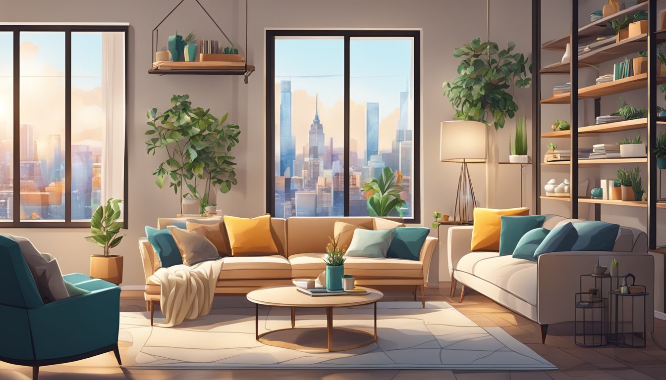 A cozy living room with a modern sofa, surrounded by shelves of home decor and a large window with a city view