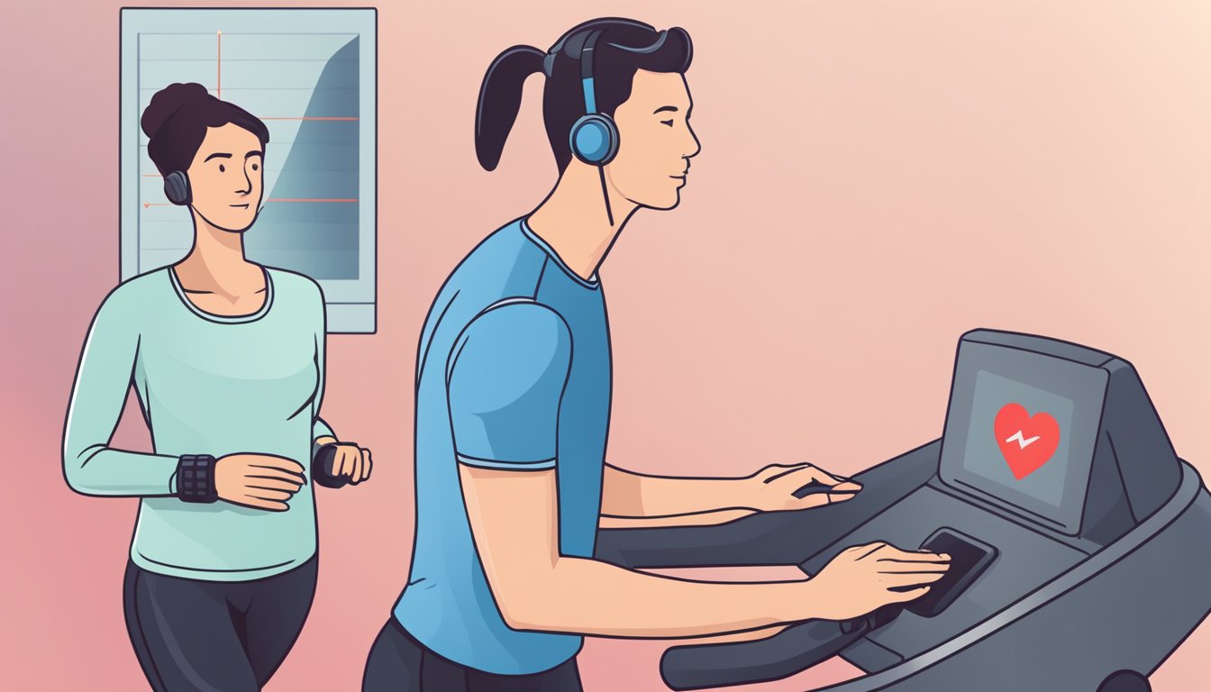 A heart rate monitor displaying a decreasing number, next to a treadmill and a person exercising
