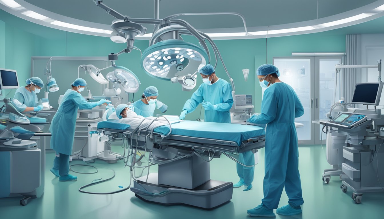 A surgeon operates on a heart pacer, surrounded by medical equipment and a team of focused professionals in a sterile operating room