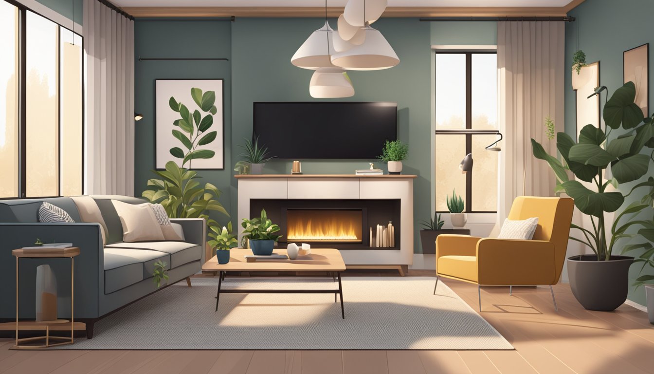 A cozy living room with modern furniture, warm lighting, and a sleek entertainment center. Plants and art decorate the walls, creating a stylish and inviting space