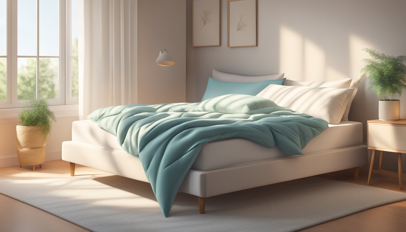 A spring mattress lies on a bed frame, surrounded by fluffy pillows and a cozy duvet. Sunlight streams in through a window, casting soft shadows on the inviting surface