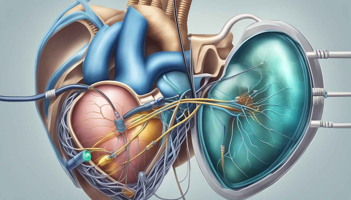 A small, metallic device implanted in the chest, connected to the heart with thin wires. The surrounding tissue is healed, showing signs of a successful surgery