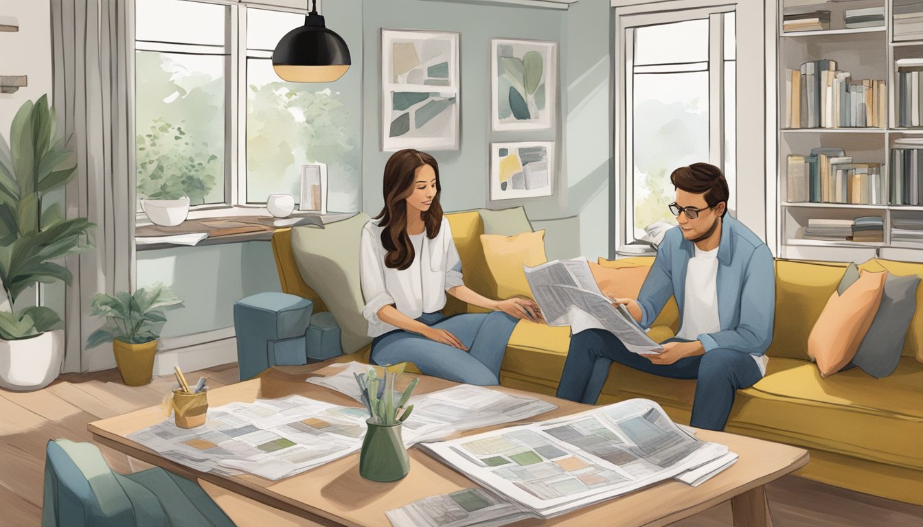 A couple discusses renovation plans for their 3-room BTO, surrounded by design magazines and floor plans. Paint swatches and fabric samples cover the table