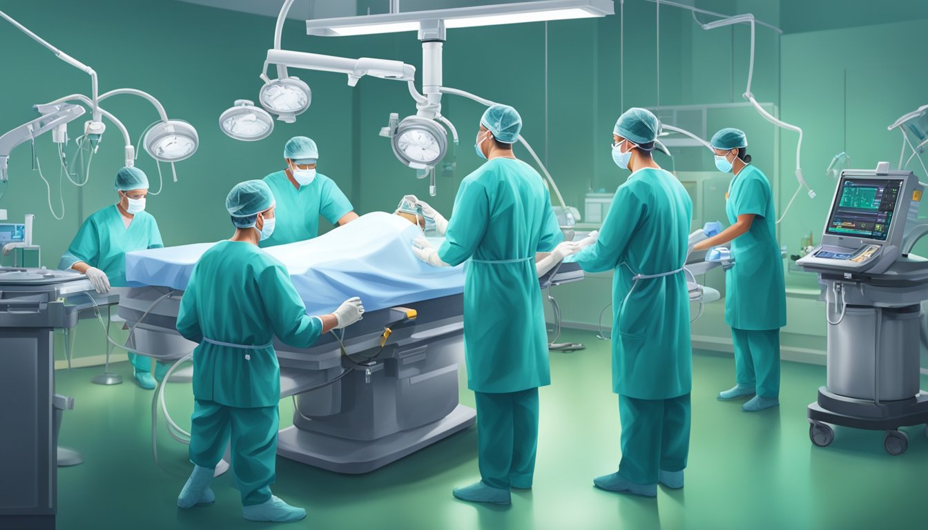 A surgeon performing heart pacer surgery in a well-lit operating room, surrounded by medical equipment and a team of focused medical professionals