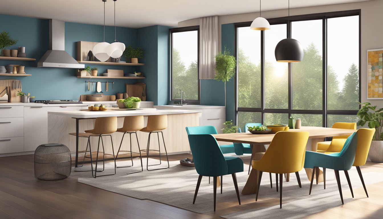 A modern living room with sleek furniture and vibrant accents. Open concept kitchen with stylish fixtures. Bright natural light streaming in from large windows