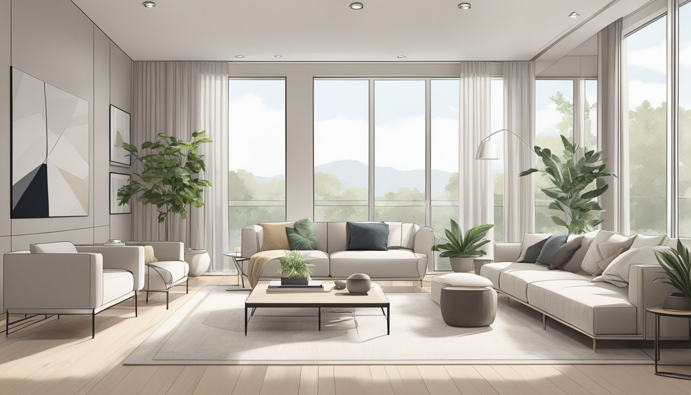 A spacious, well-lit room with modern furnishings and a sleek, minimalist design. The space is clean and organized, with a neutral color palette and plenty of natural light