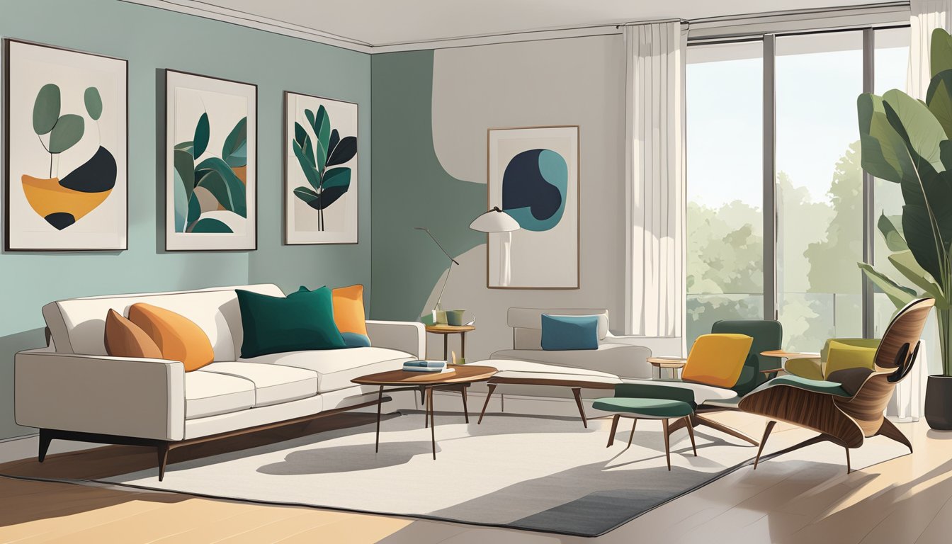 A sleek, minimalist living room with clean lines, organic shapes, and bold colors. Iconic mid century modern furniture pieces, such as a Eames lounge chair and a Noguchi coffee table, are placed strategically within the space