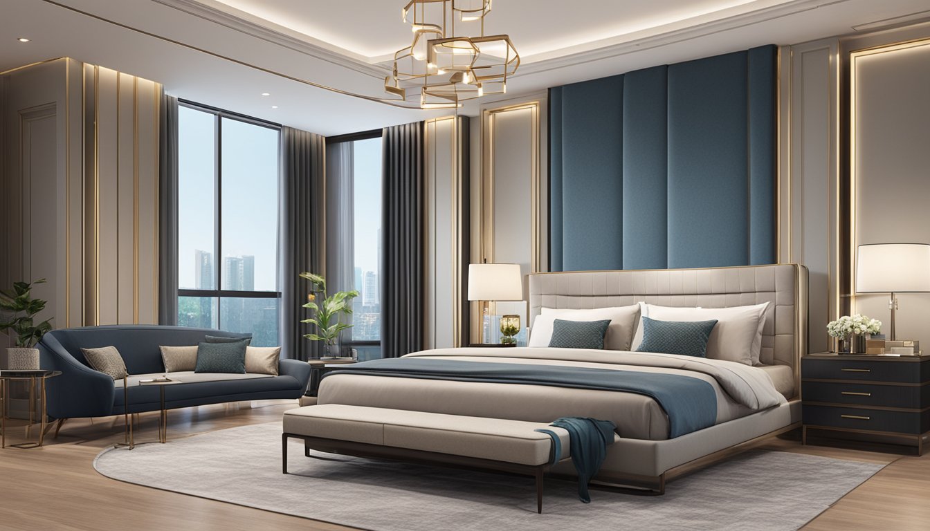 A luxurious king size bed frame stands in a spacious bedroom in Singapore, with elegant and modern design details