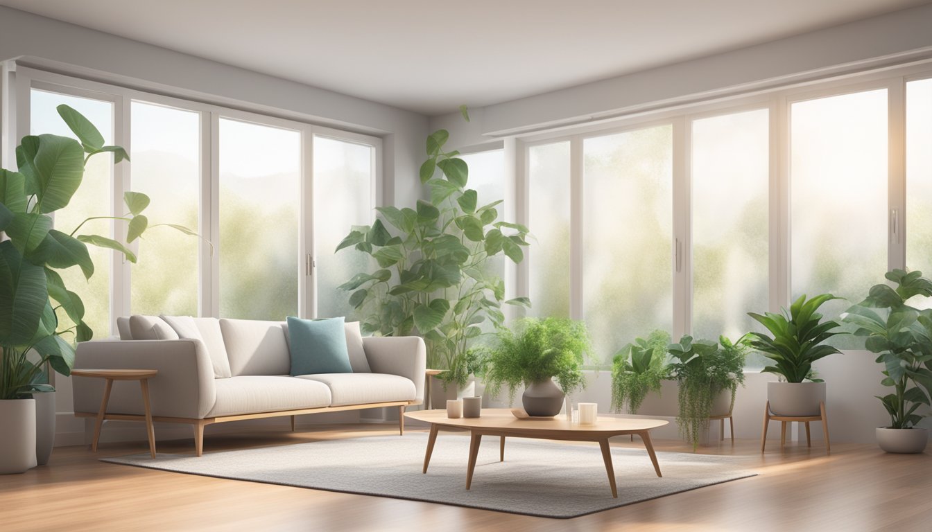 Aromatic air purifier releasing scented mist into a modern, minimalist living room with plants and natural light