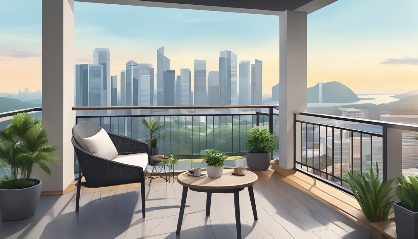 A small balcony in Singapore with cheap outdoor furniture, including a plastic table and chairs, overlooking the city skyline