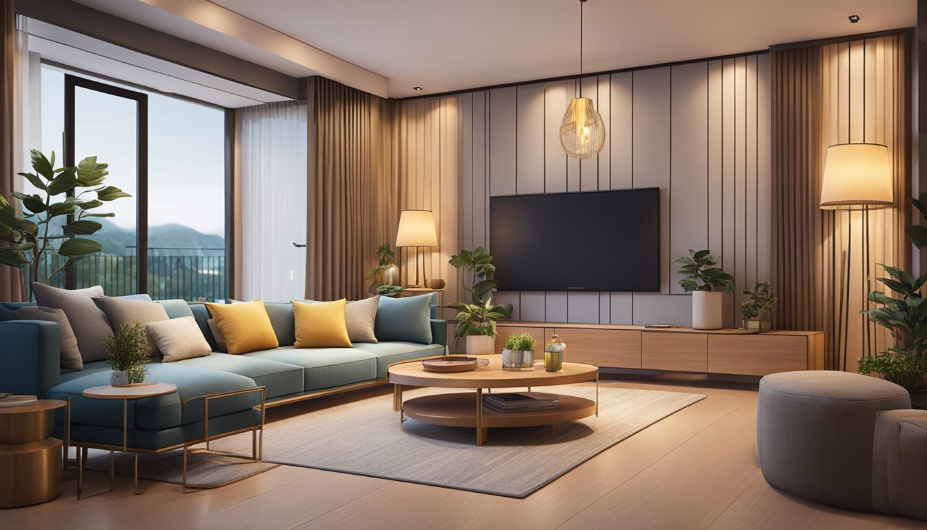 A cozy living room with modern furniture and warm lighting, showcasing stylish HDB interior design