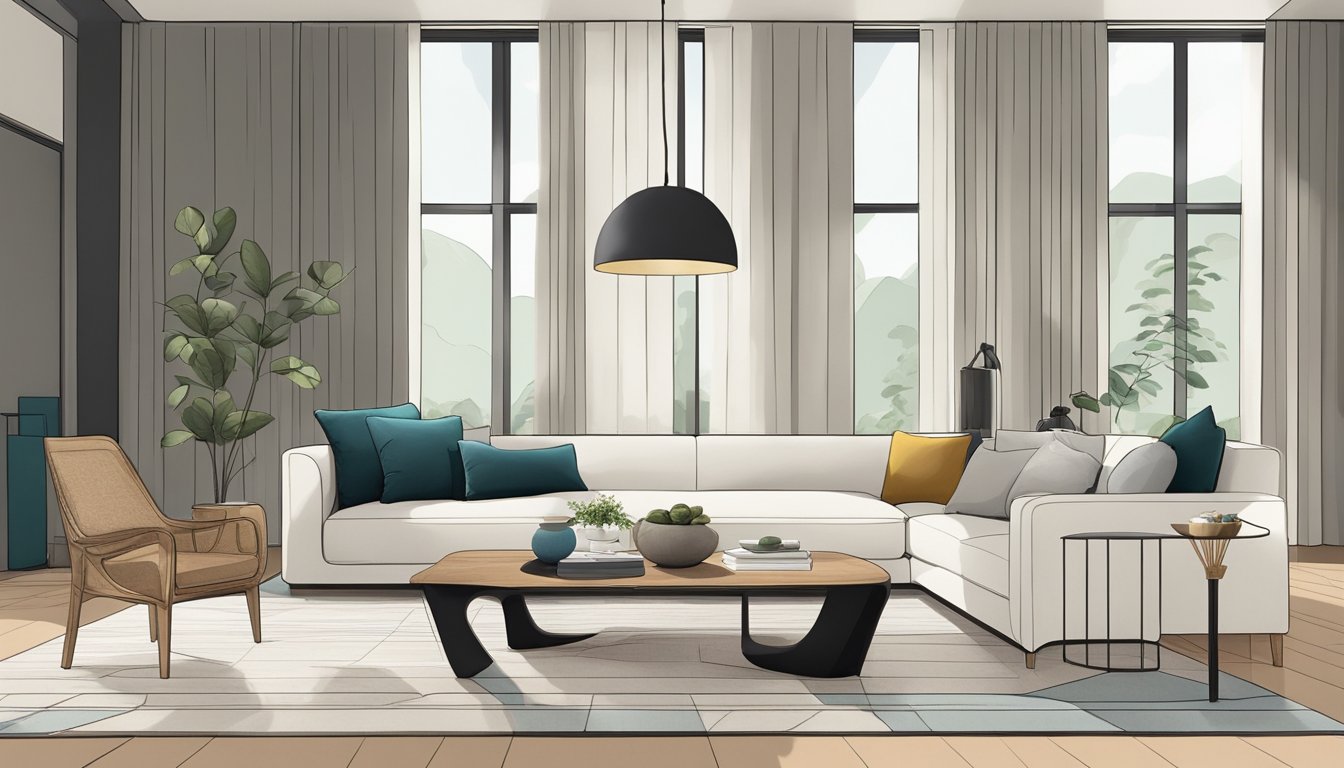 A sleek, minimalist living room with clean lines, organic shapes, and a mix of natural and geometric patterns. A statement piece of furniture, like a sculptural chair or a sleek sofa, anchors the space