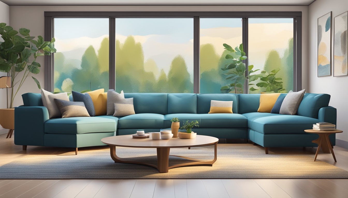 A modern sectional sofa surrounds a round coffee table in a spacious living room