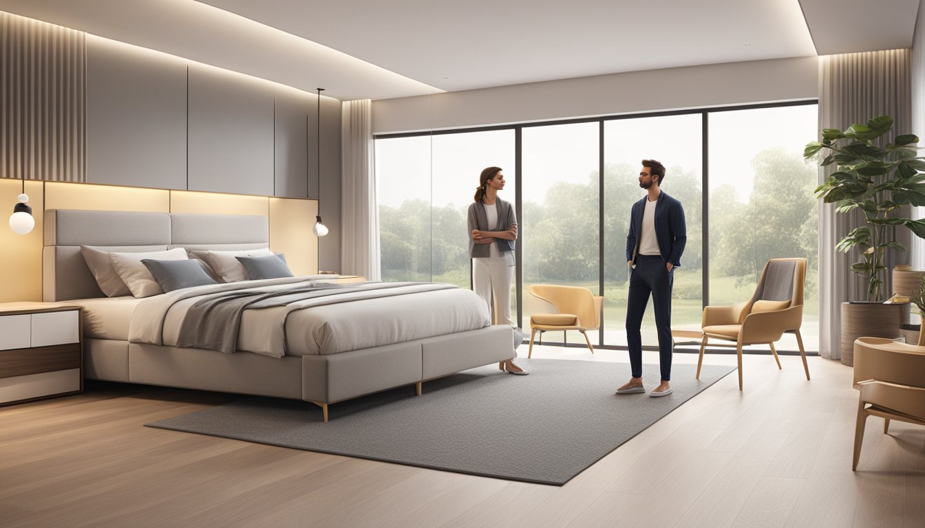 A couple stands in a spacious showroom, examining a variety of king size bed frames. The room is well-lit, with a modern and minimalist design, showcasing the different options available
