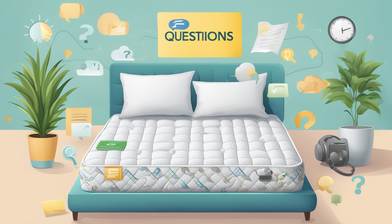A spring mattress with a "Frequently Asked Questions" label, surrounded by various question marks and a customer service representative's headset