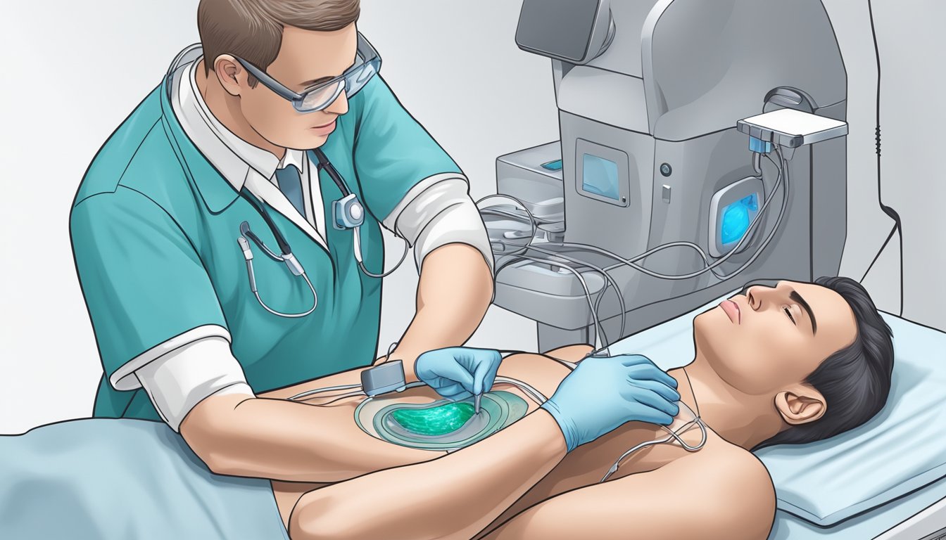 A technician places the ultrasound gel on the patient's chest and guides the transducer to capture images of the heart's structure and function
