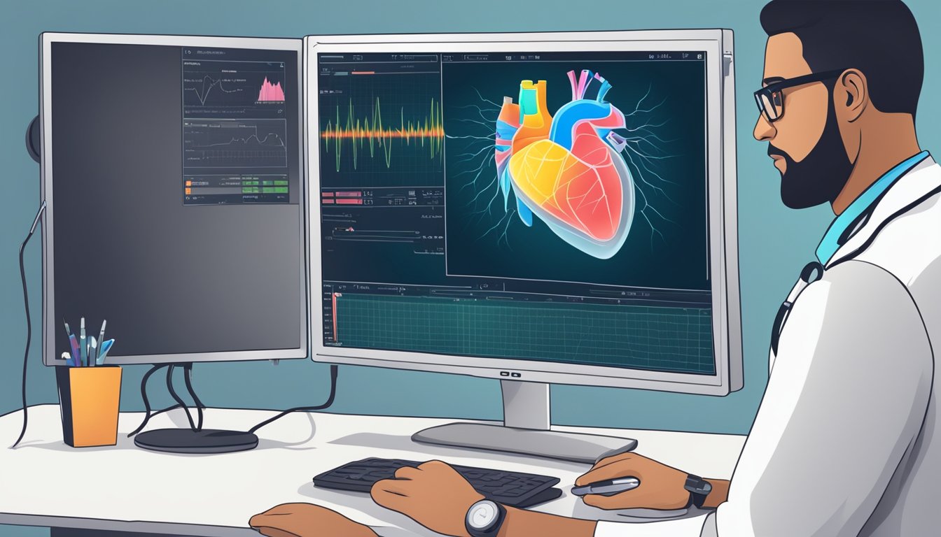 A monitor displaying an echocardiogram with a doctor analyzing the results