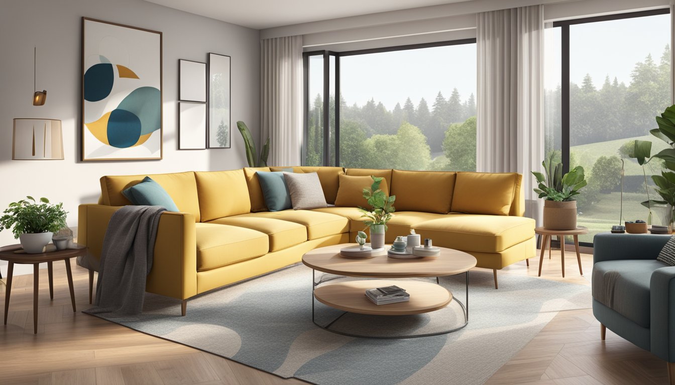 A sectional sofa with a round coffee table in the center, positioned in a spacious and well-lit living room