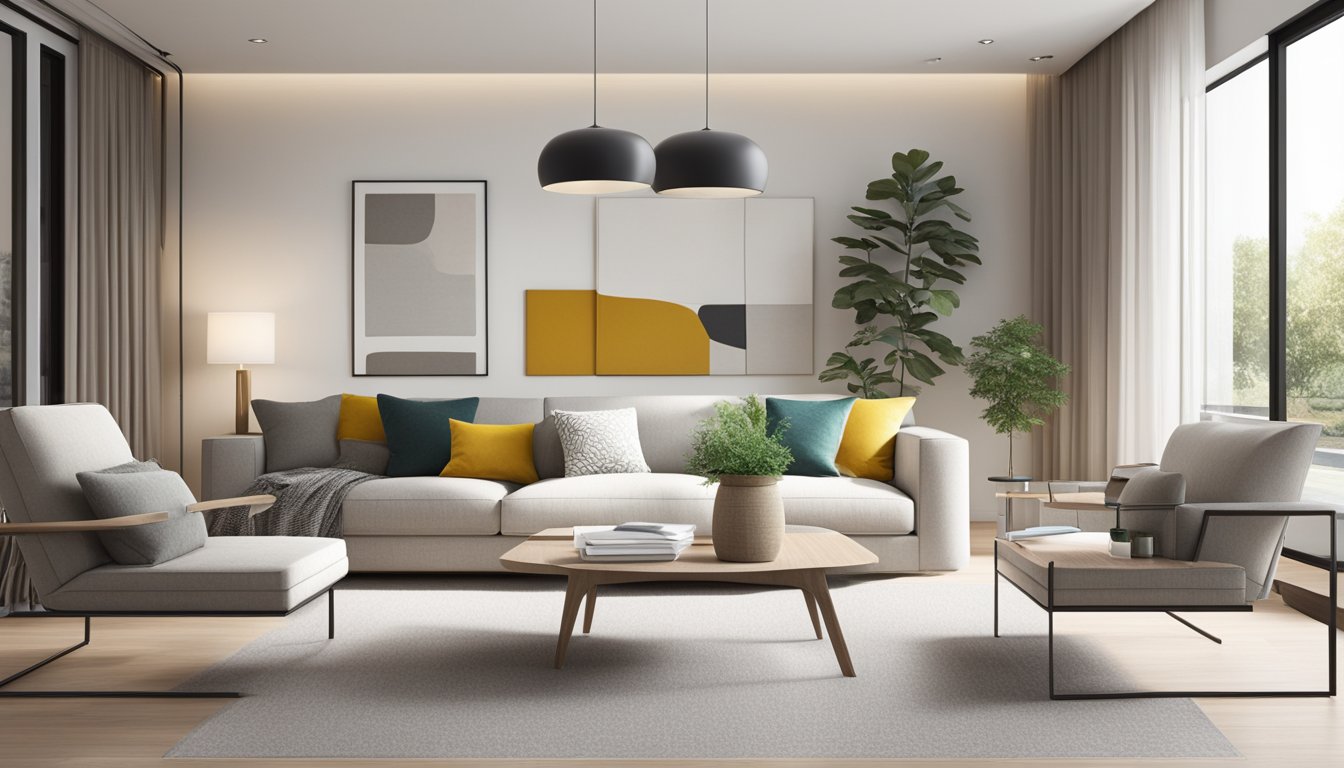 A modern living room with clean lines, neutral colors, and a pop of vibrant accent. Minimalist furniture, natural light, and tasteful decor create a sense of harmony and sophistication