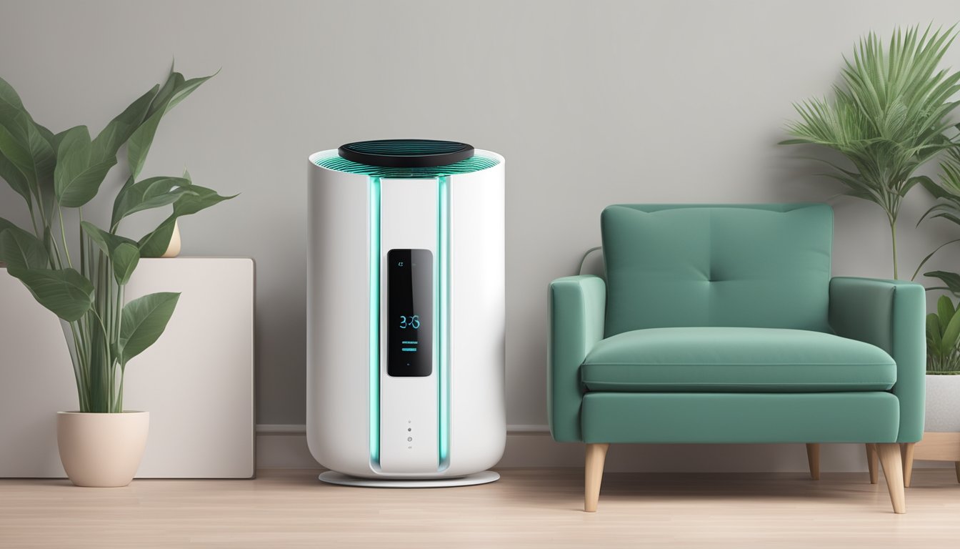 A sleek, modern air purifier emitting a pleasant fragrance, surrounded by floating question marks