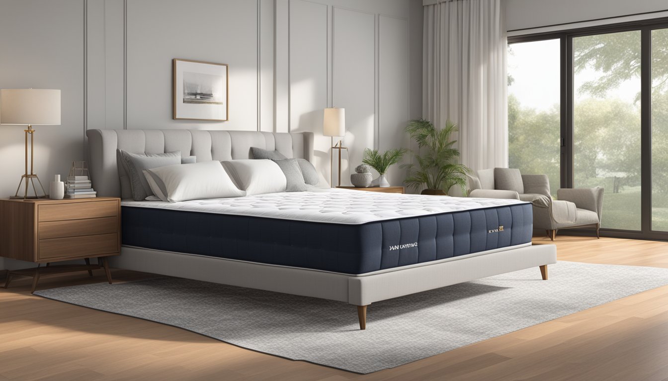 A king mattress sits in a spacious bedroom, with a large headboard and luxurious bedding. A ruler is placed next to it for scale reference