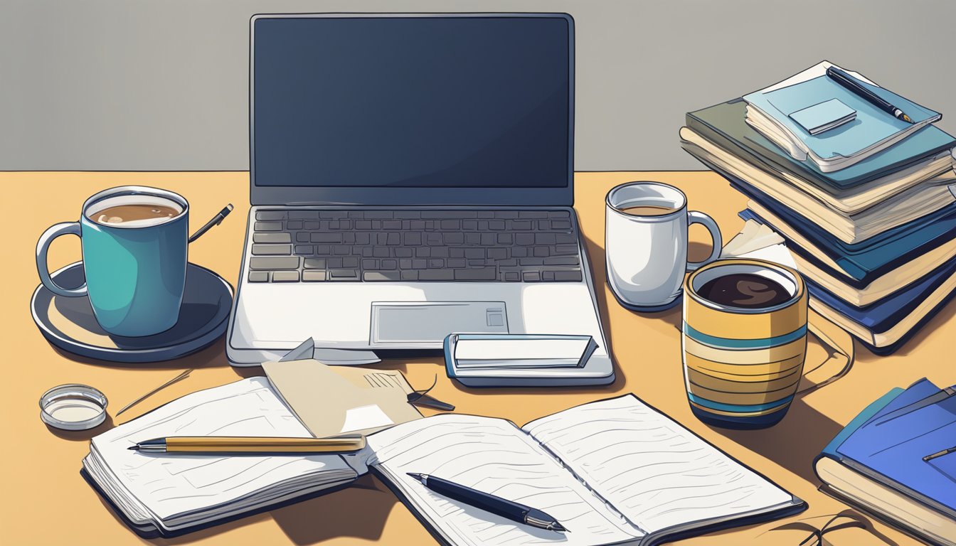 A cluttered study table with scattered papers, open books, and a laptop. A mug of coffee sits beside a notepad and pen