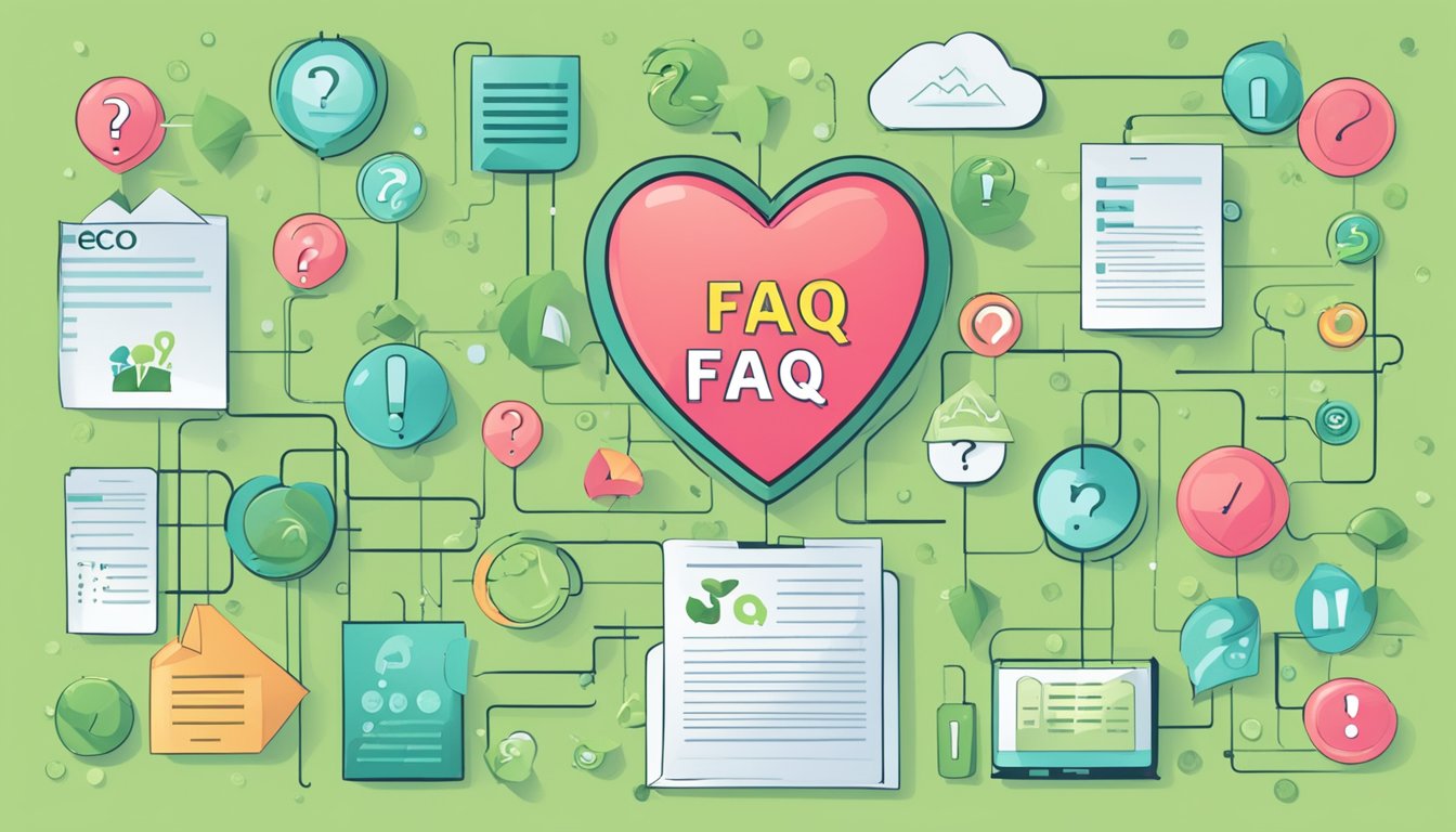 A heart-shaped eco test surrounded by question marks and a FAQ sign