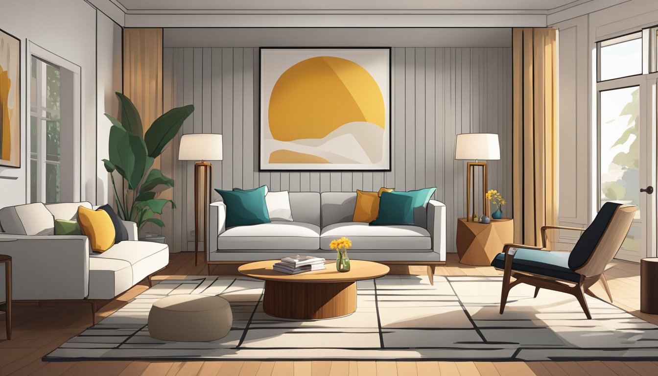 A living room with sleek furniture, clean lines, and geometric patterns. A sunburst clock hangs on the wall, while a minimalist floor lamp illuminates the space. Rich wood tones and pops of vibrant colors add warmth and character to the room