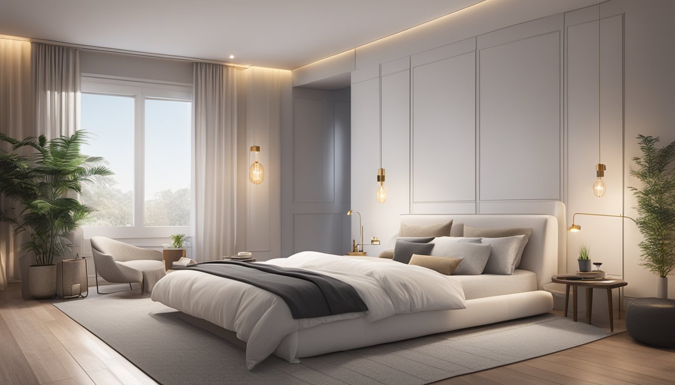 A serene bedroom with a pristine white bed showcasing a luxurious pure latex mattress, surrounded by minimalist decor and soft lighting