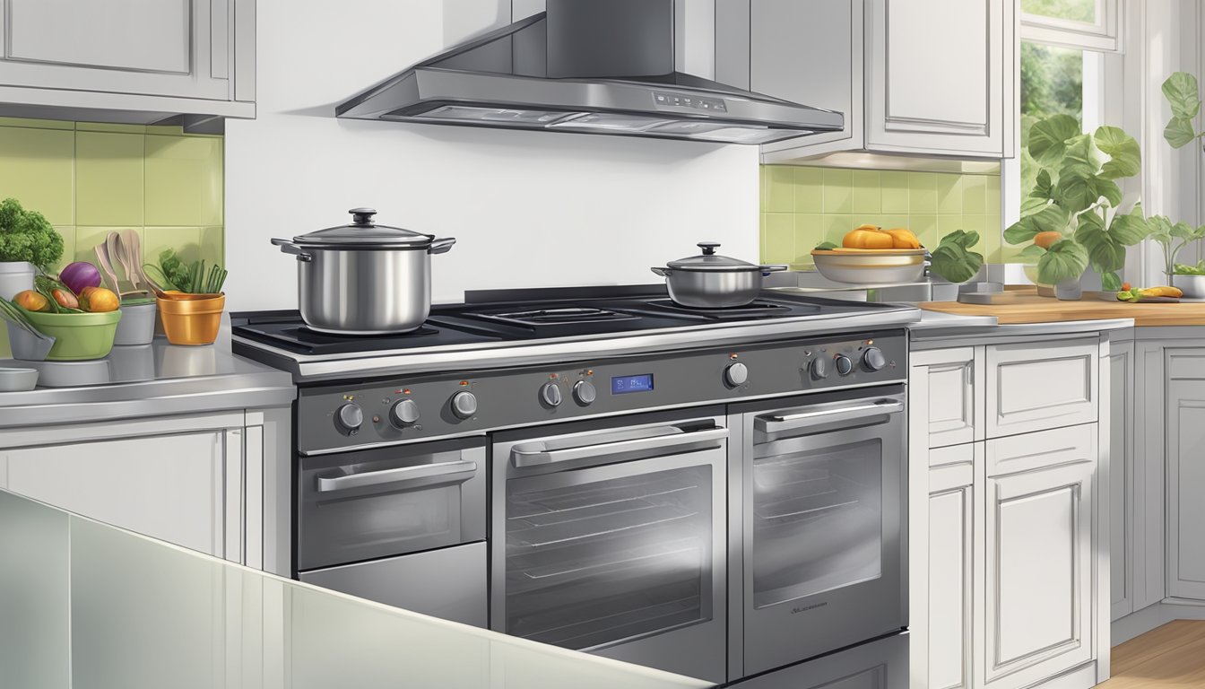 A kitchen with an electric cooker on one side and an induction cooker on the other, both emitting heat and surrounded by cooking utensils