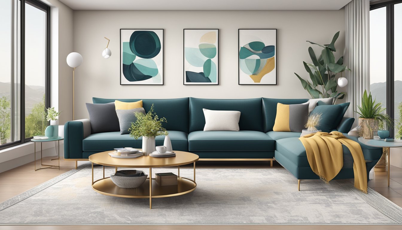 A modern living room with a sleek sectional sofa paired with a round coffee table, adorned with stylish decor and accessories
