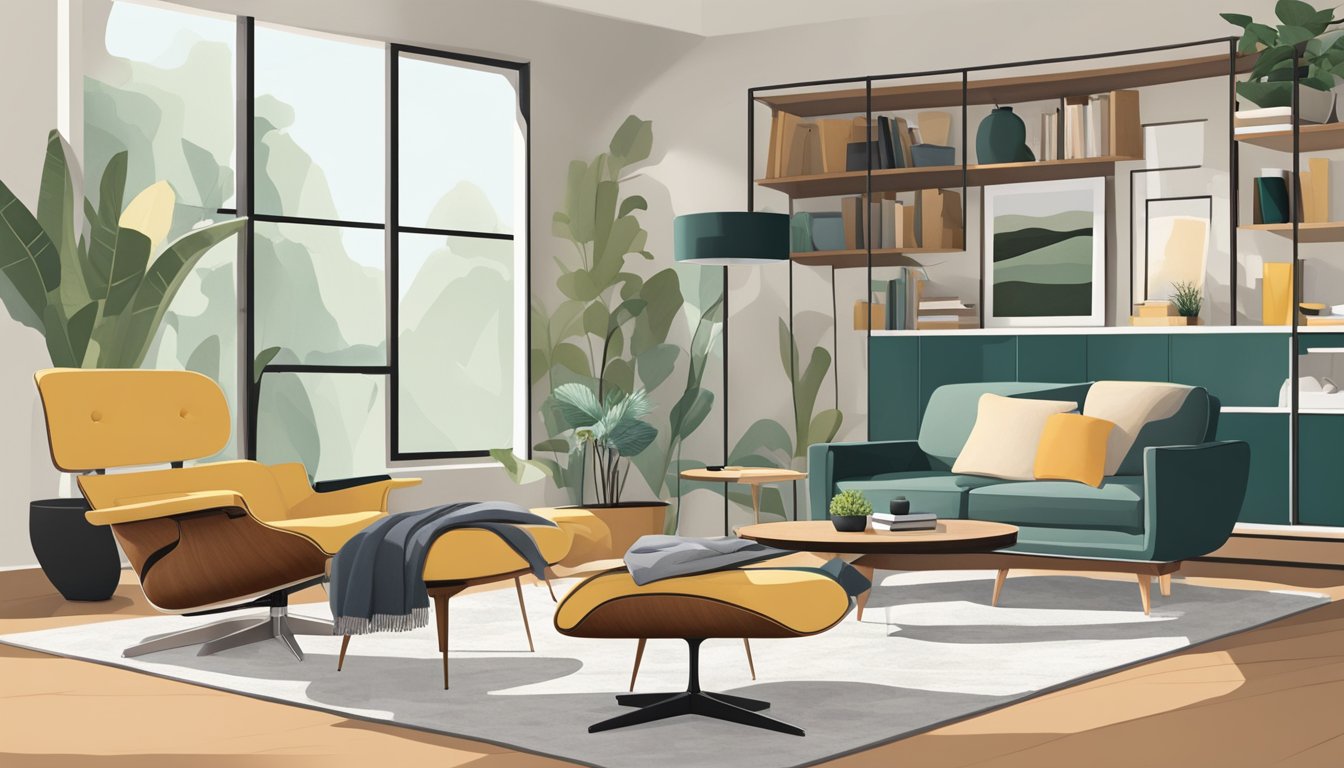 A mid century modern living room with clean lines, organic shapes, and a minimalist color palette. Iconic furniture pieces like the Eames lounge chair and Noguchi table are featured