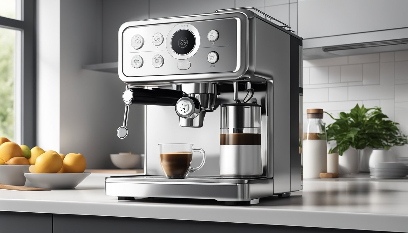 A coffee machine sits on a clean, white countertop in a modern kitchen. The machine is sleek and silver, with buttons and dials for brewing the perfect cup of coffee