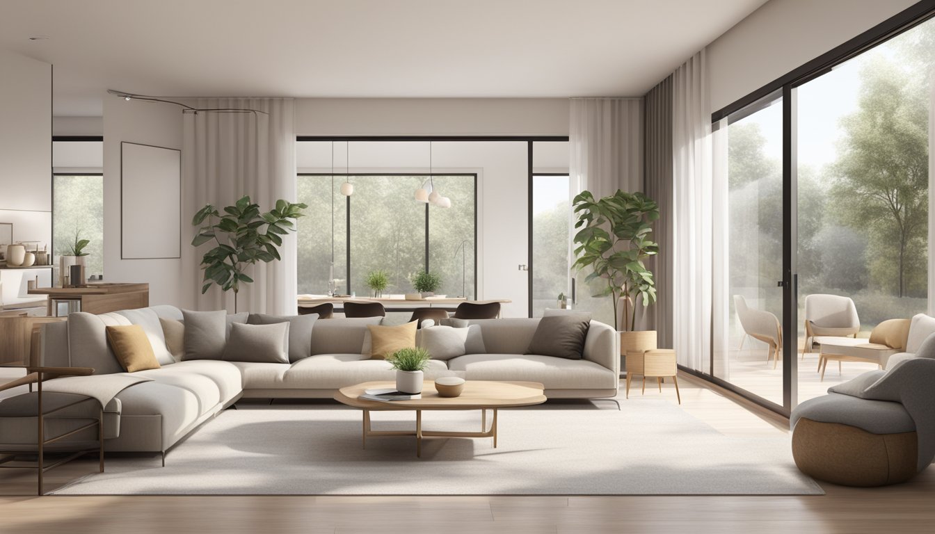 A well-lit, spacious living room with a minimalist, modern design. Neutral colors, clean lines, and natural materials create a harmonious and inviting atmosphere