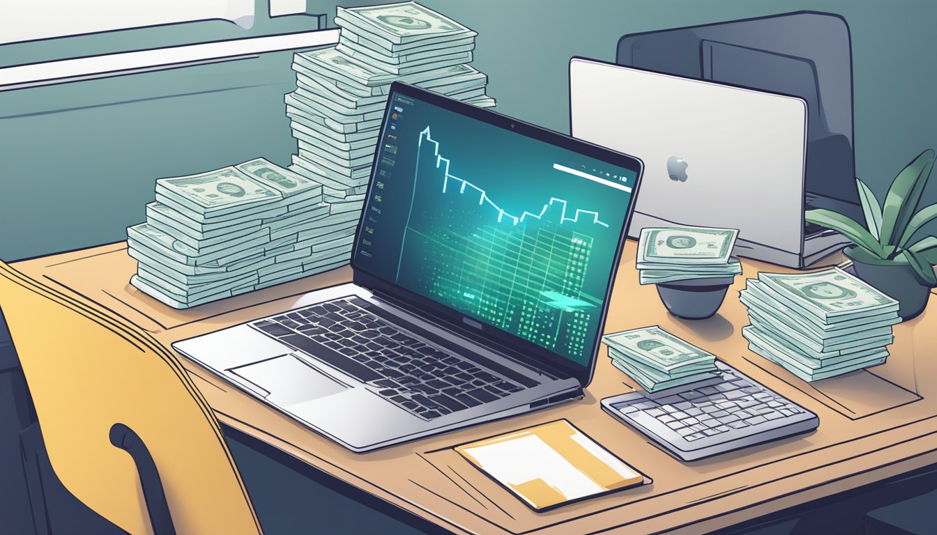 A laptop on a desk with coding software open, a stack of money, and a graph showing increasing income